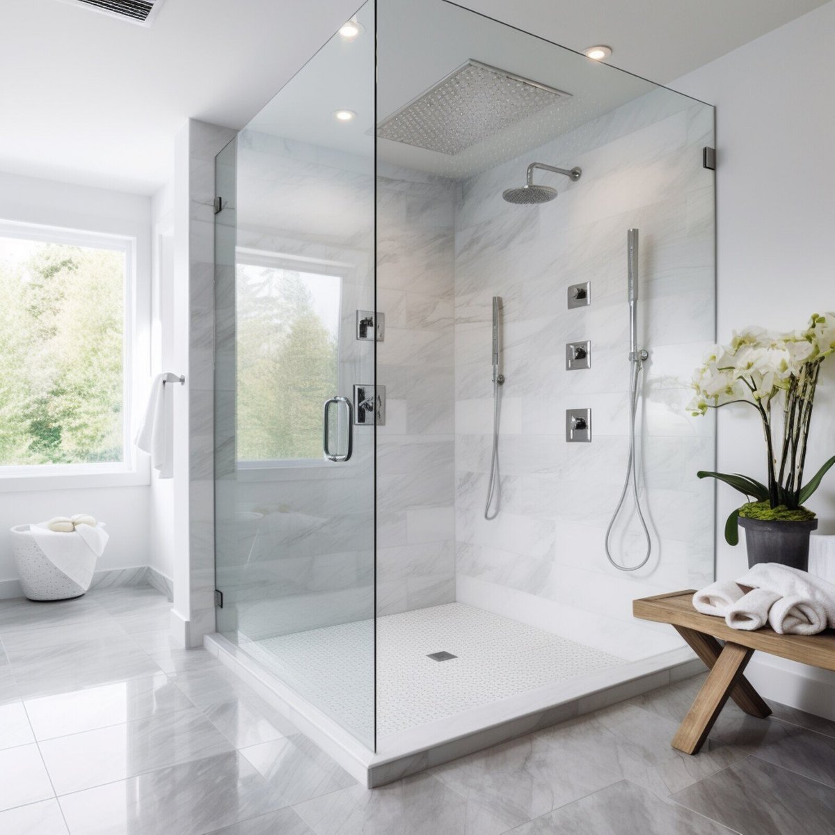 Luxurious walk-in shower with dual rain showerheads in a Cape Cod, MA bathroom remodel by @designREMODEL