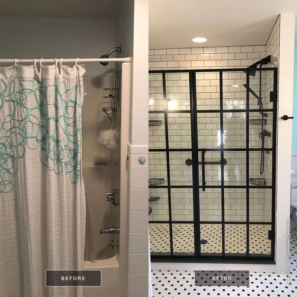 Before and after of a remodeled bathroom with new glass shower doors, Bay Road Bath remodel in North Falmouth by At Design Remodel, Mashpee