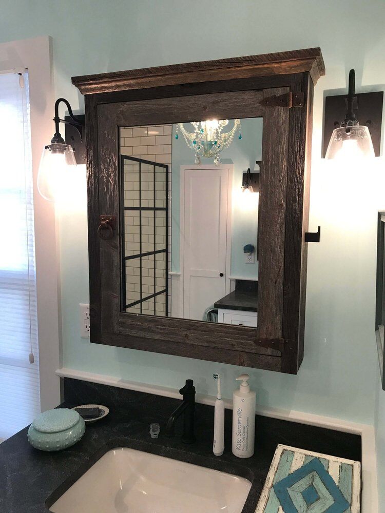 Vanity with rustic wood mirror in remodeled bathroom, Bay Road Bath project in North Falmouth by At Design Remodel, Mashpee