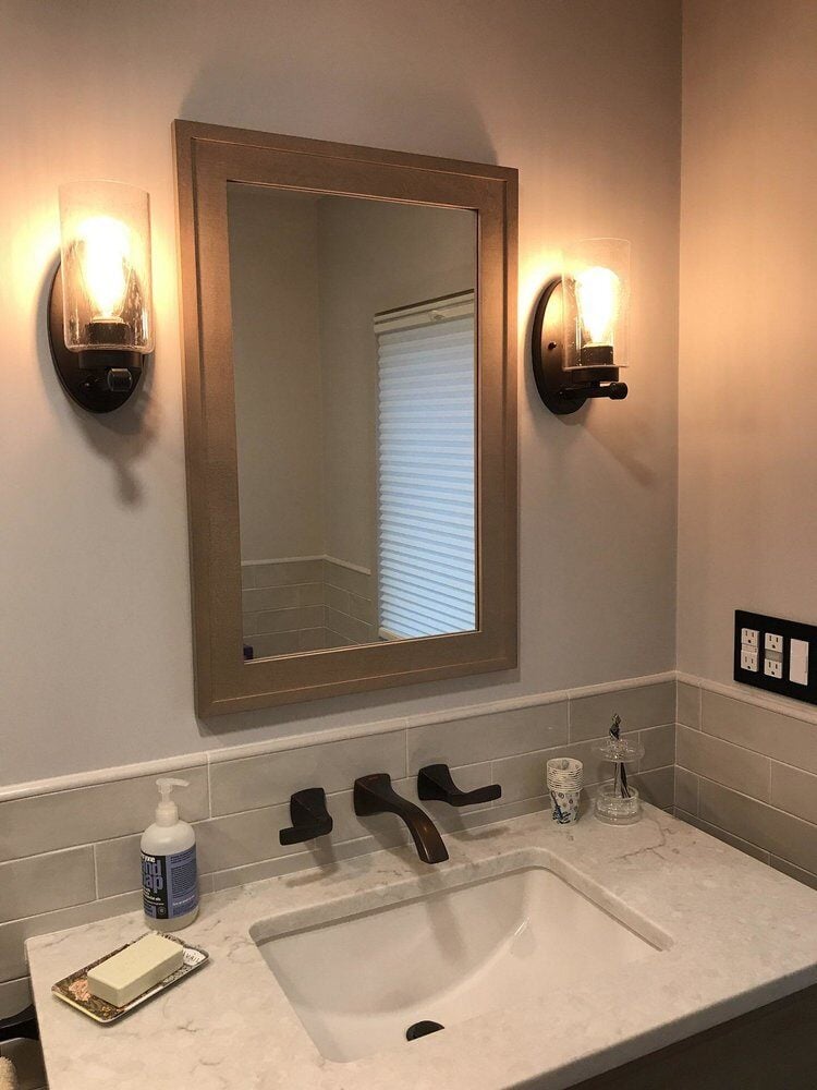 Contemporary vanity and lighting in Centerville bathroom remodel by At Design Remodel, Mashpee