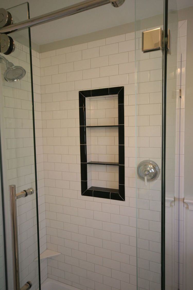 Black-trimmed tilework in shower area at Pin Oak Bath renovation, At Design Remodel, Mashpee